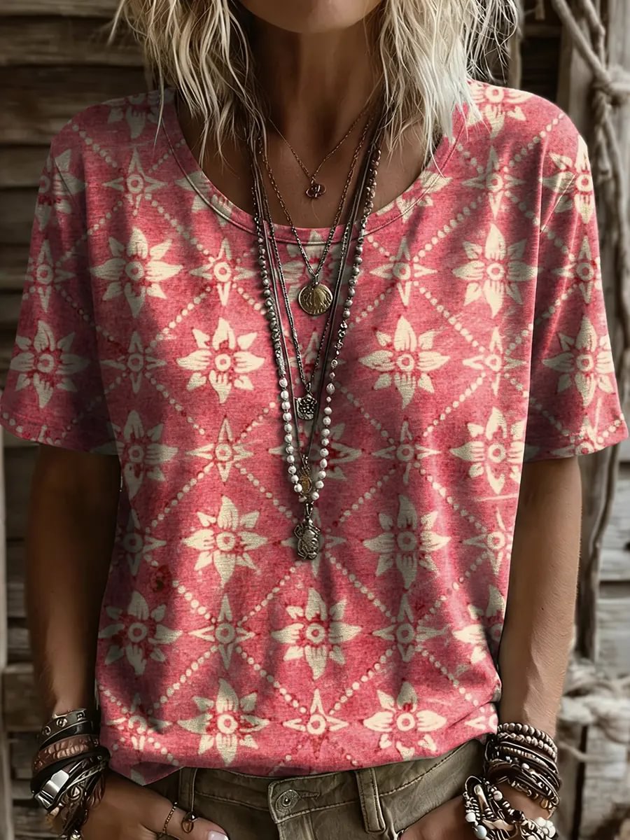Women's Retro Floral Art Print Crew Neck Short-Sleeve Top