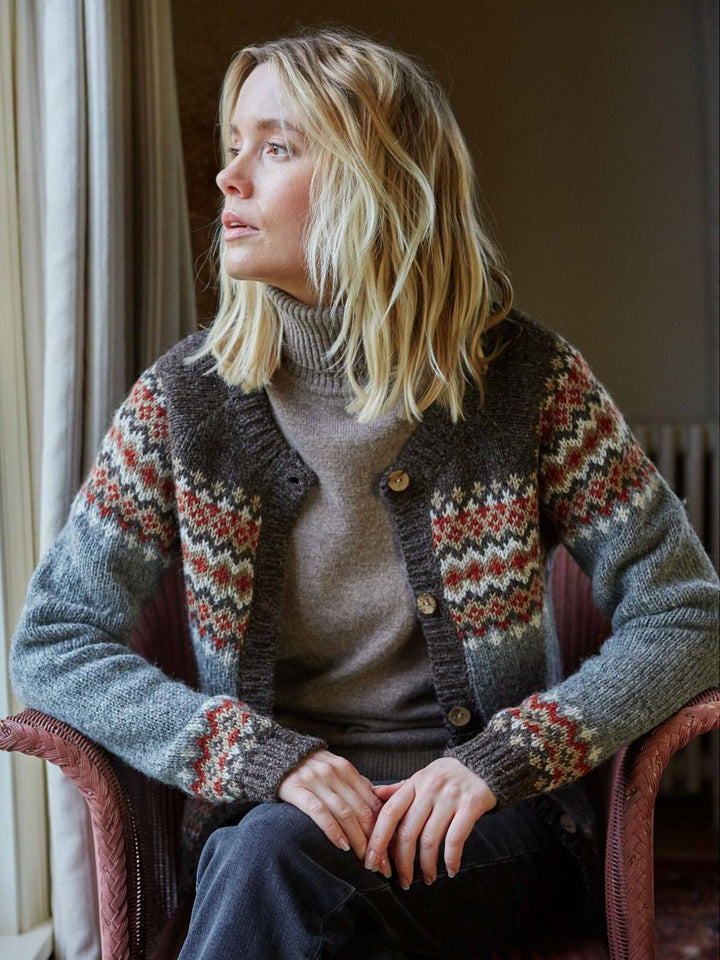 Comfysol Women's Knitted Fair Isle Diamond Pattern Cardigan