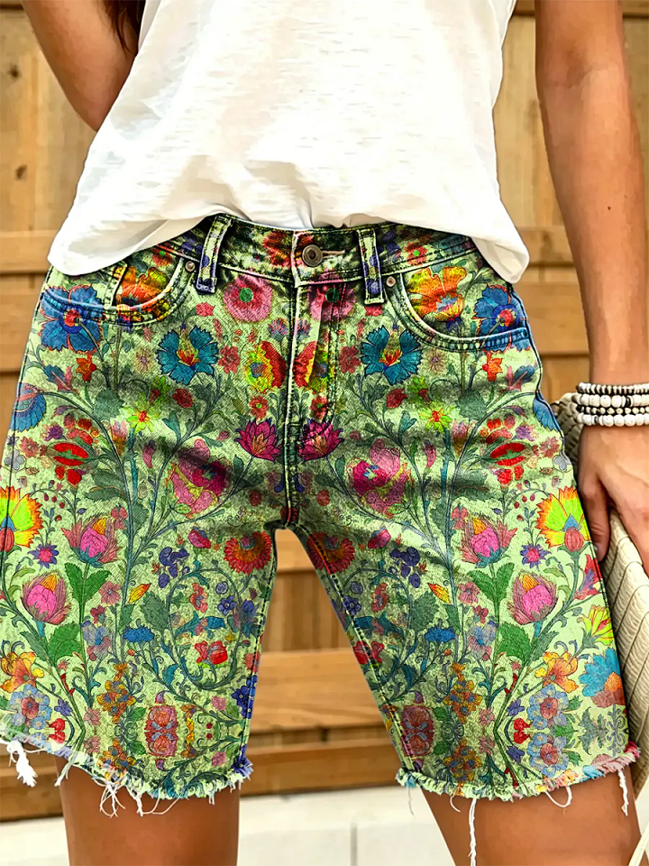 Women Ethnic Floral Art Print Casual Denim Shorts