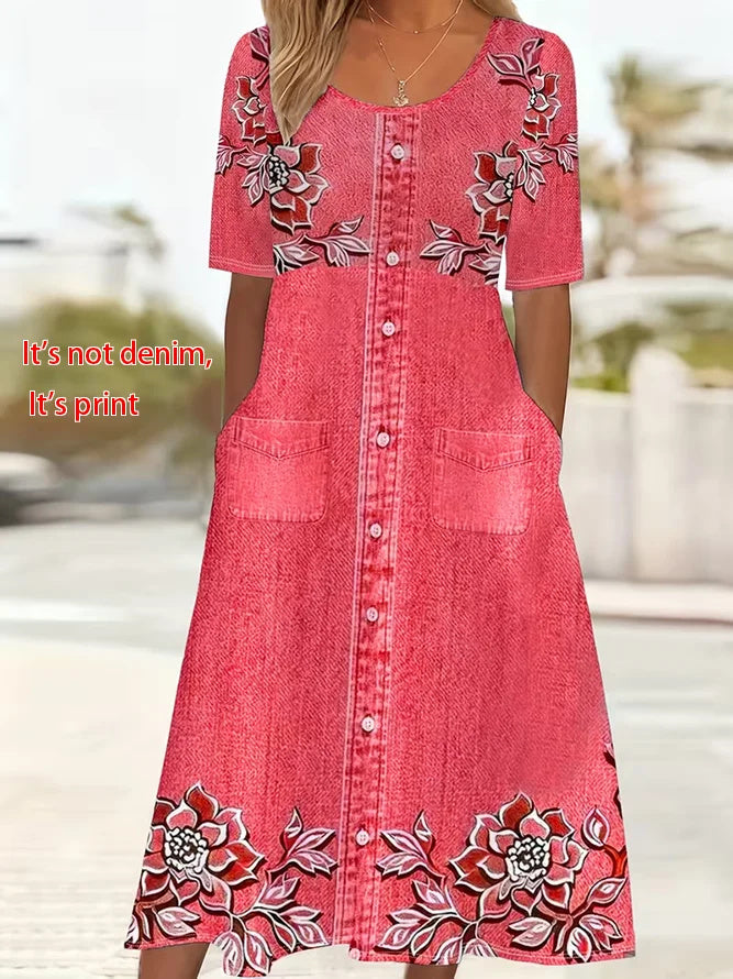 Women Floral Short Sleeve Crew Neck Printing Dress Daily Casual Maxi Shift Dress H-Line Summer Dress