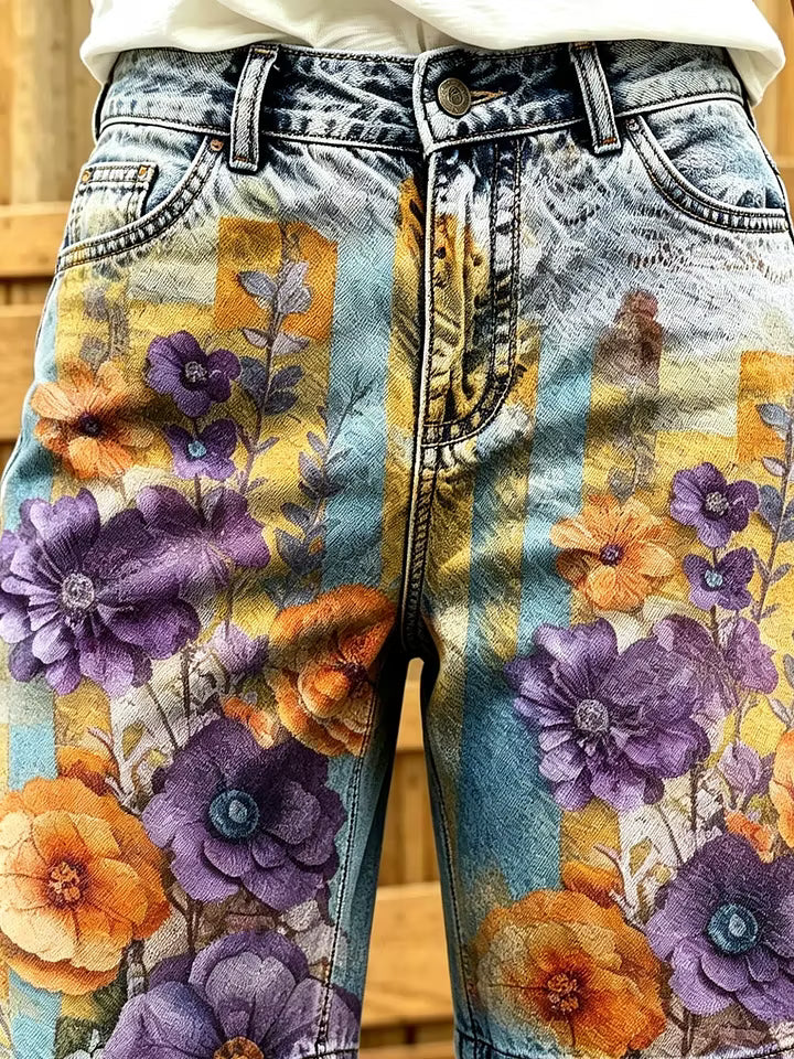 Women's Floral Watercolor Print Cotton Denim Shorts