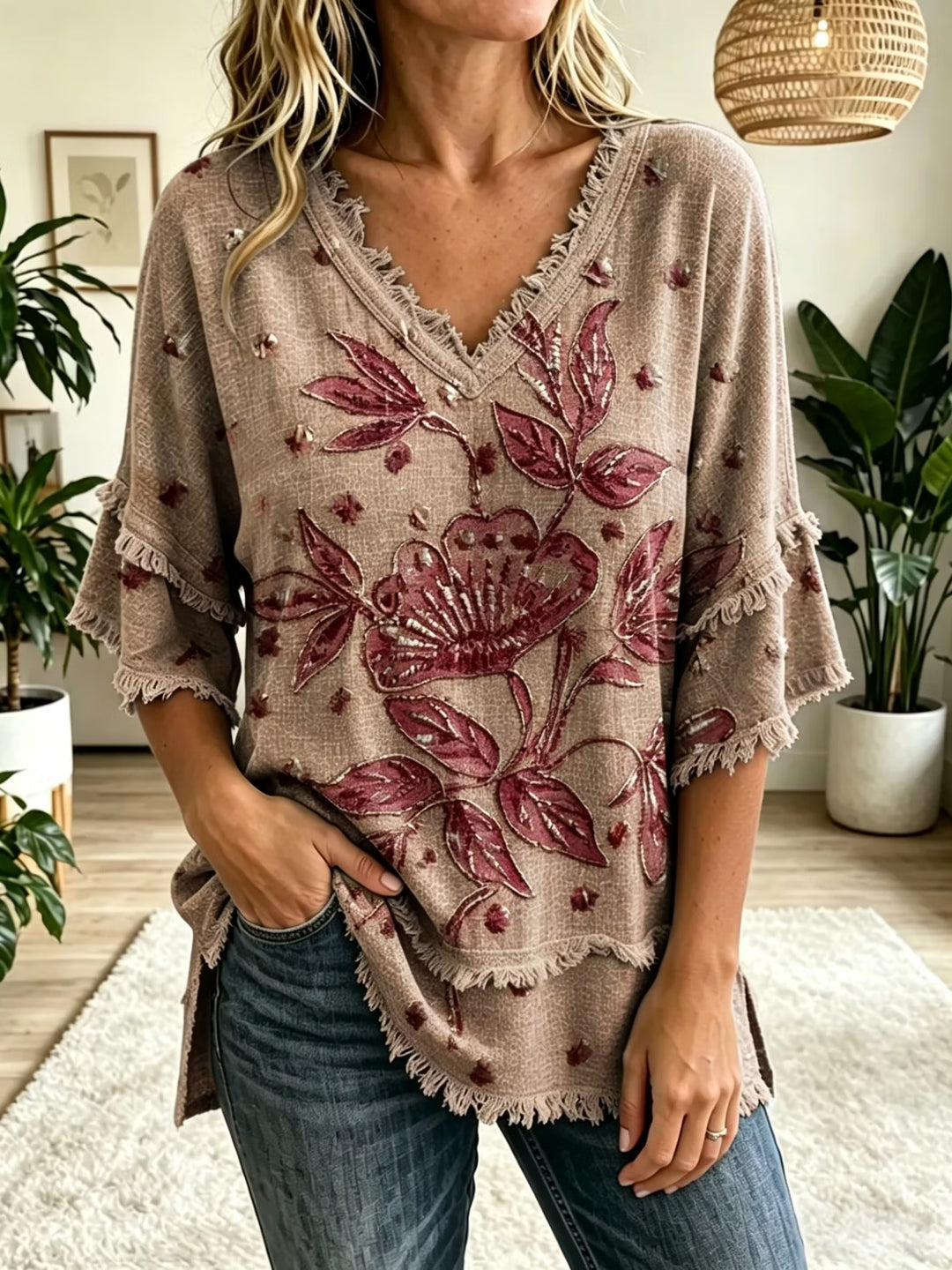 Women's Vintage Folk Floral Art Print V-Neck Tasseled Cotton Top
