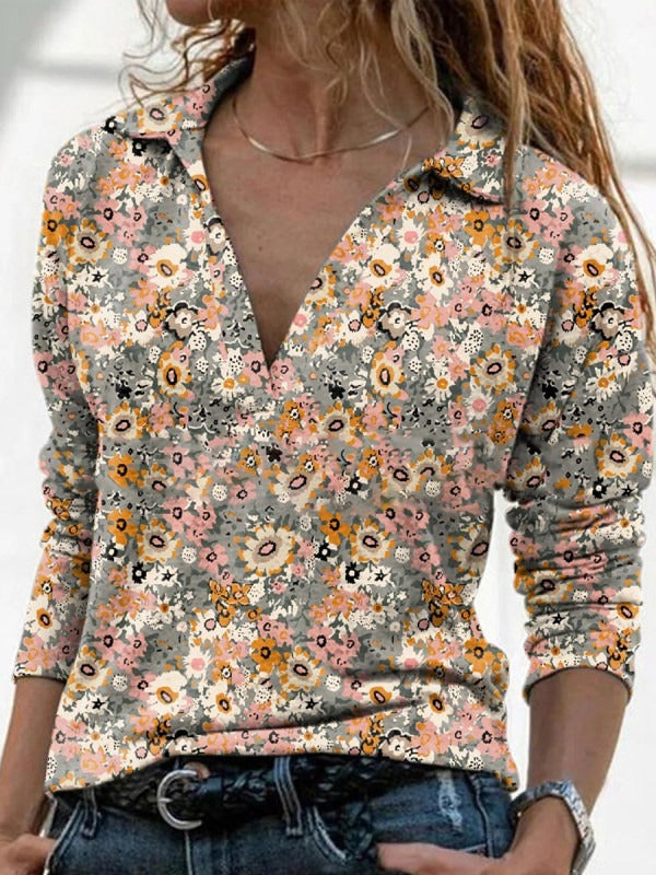 Comfysol Orange Casual Graphic Tops V Neck Floral Printed Long Sleeve Blouse