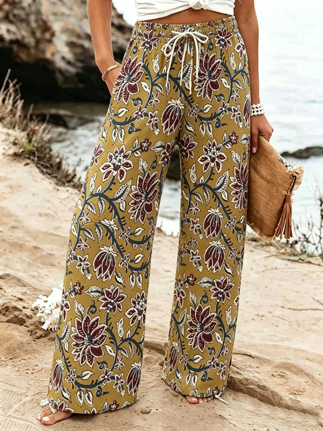 Vintage Botanical Print Drawstring Waist Trousers