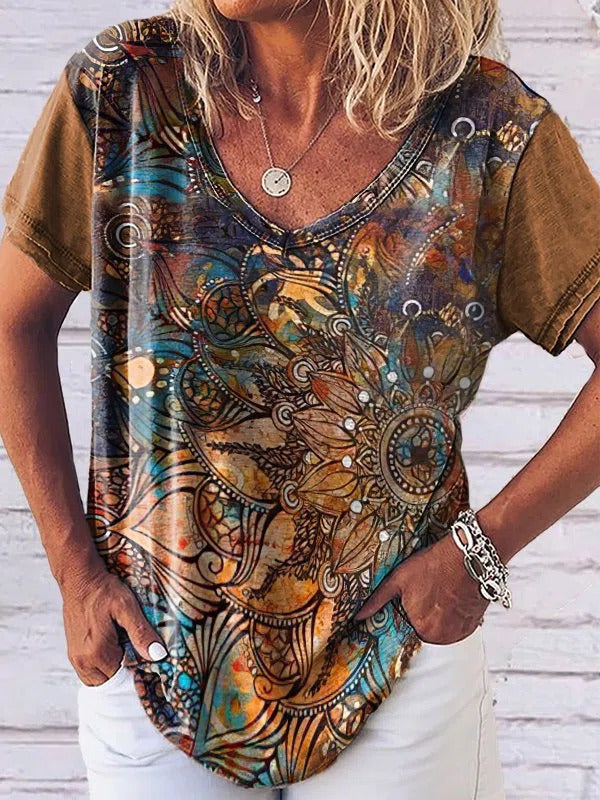 Comfysol Khaki Casual V-neck Short Sleeve Geometric Printed Blouse