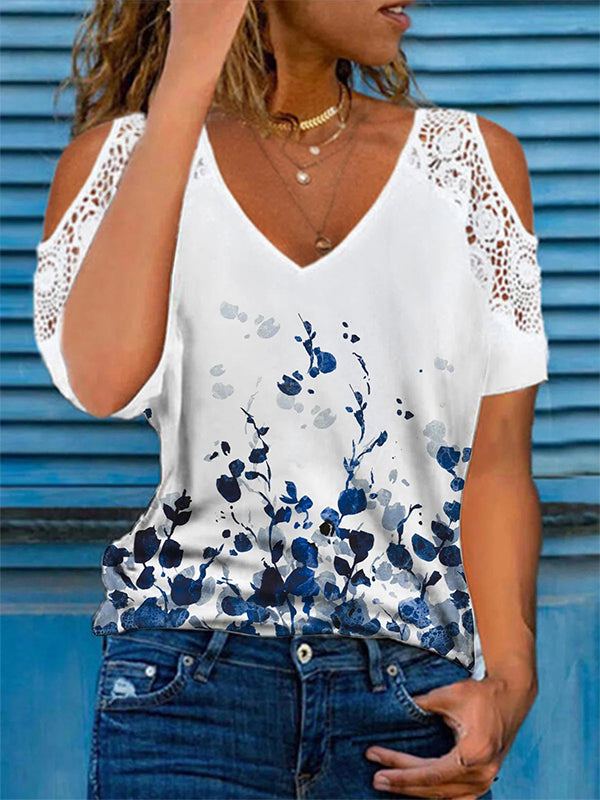 Comfysol White Casual V-neck Short Sleeve Floral Printed Blouse