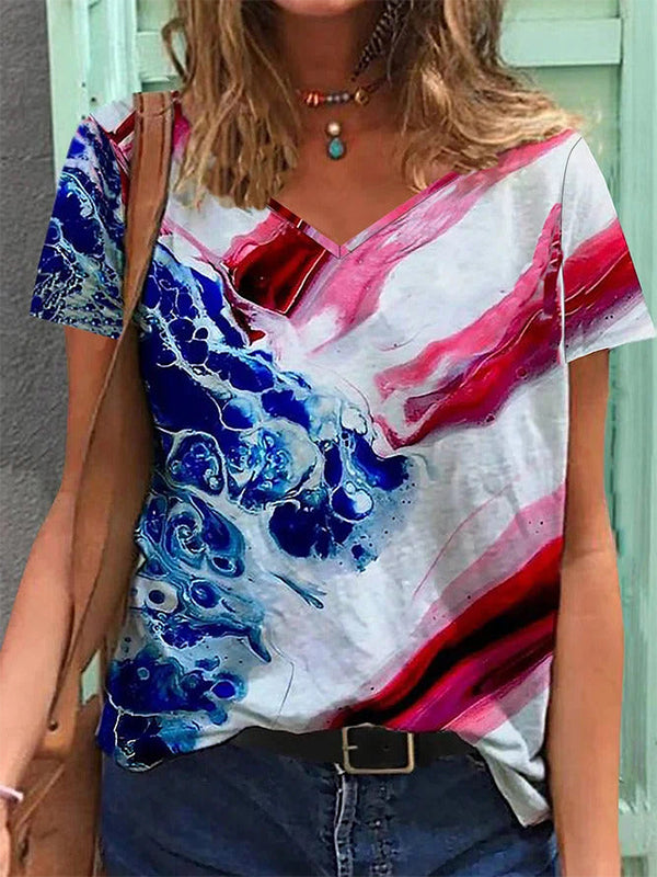 Comfysol Casual V-neck Short Sleeve Abstract Printed Blouse