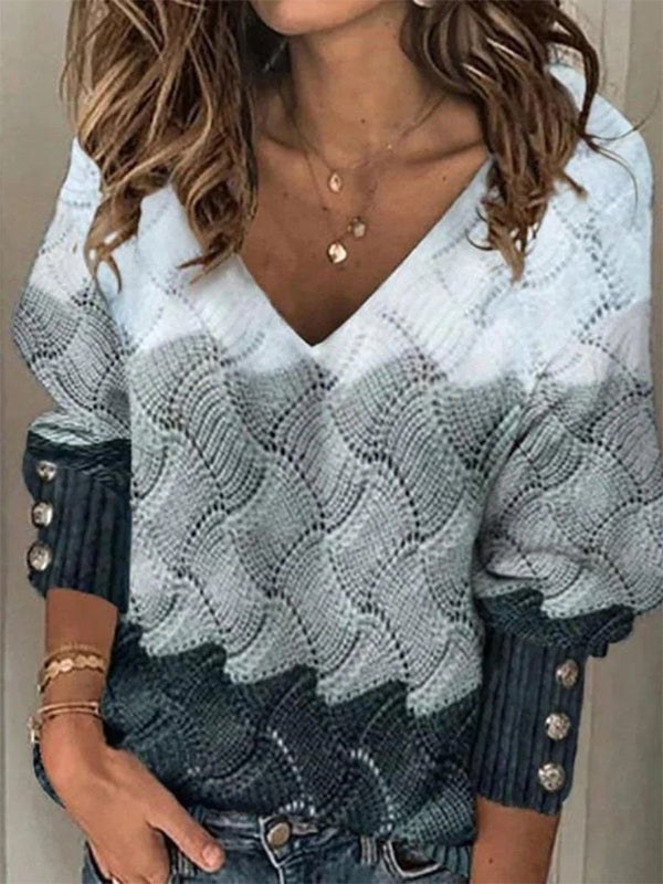 Comfysol Multi Casual Graphic Tops V-neck Long Sleeve Patchwork Printed Sweaters