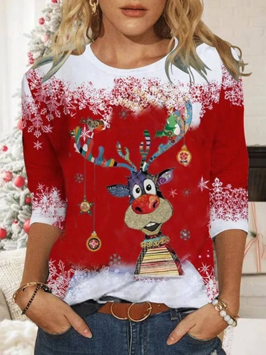 Comfysol Red Casual Graphic Tops Round Neck Elk Printed Long Sleeve Xmas Sweatshirts