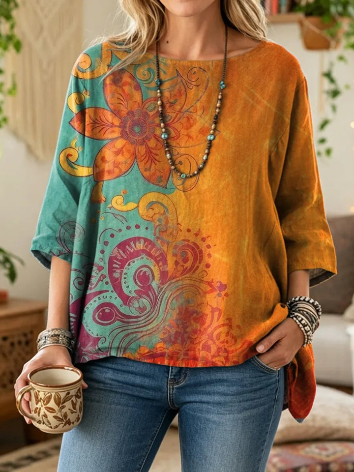 Ethnicity Retro Geometry Totem Women's Art Print Casual 3/4 Sleeve Cotton Top