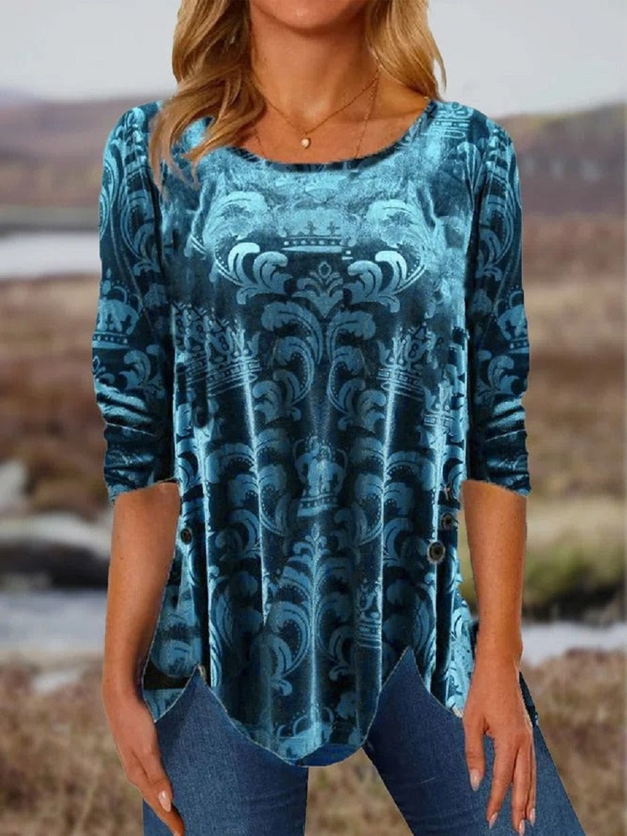 Comfysol Blue Casual Round Neck Printed Long Sleeve Blouse