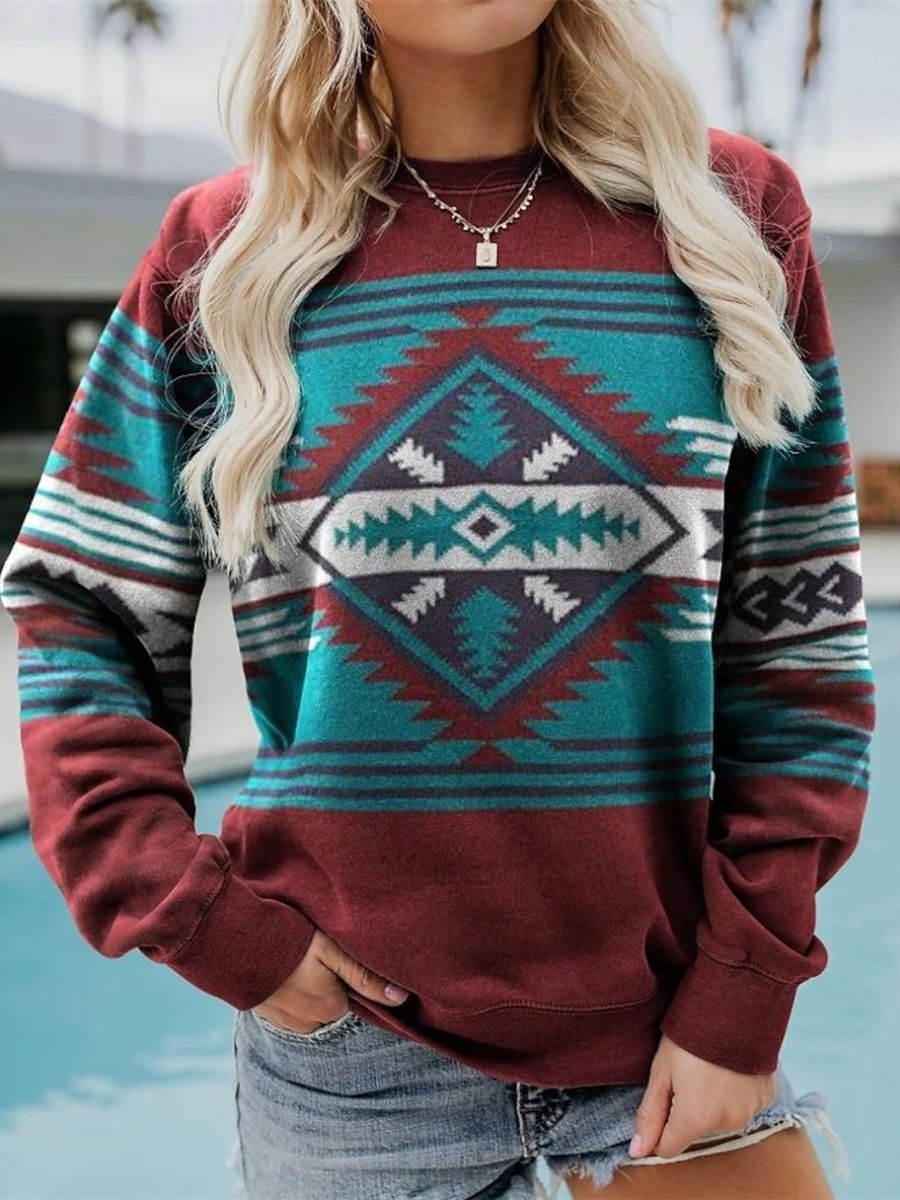 Comfysol Wine Red Casual Graphic Tops Round Neck Stripe Printed Long Sleeve Sweatshirts