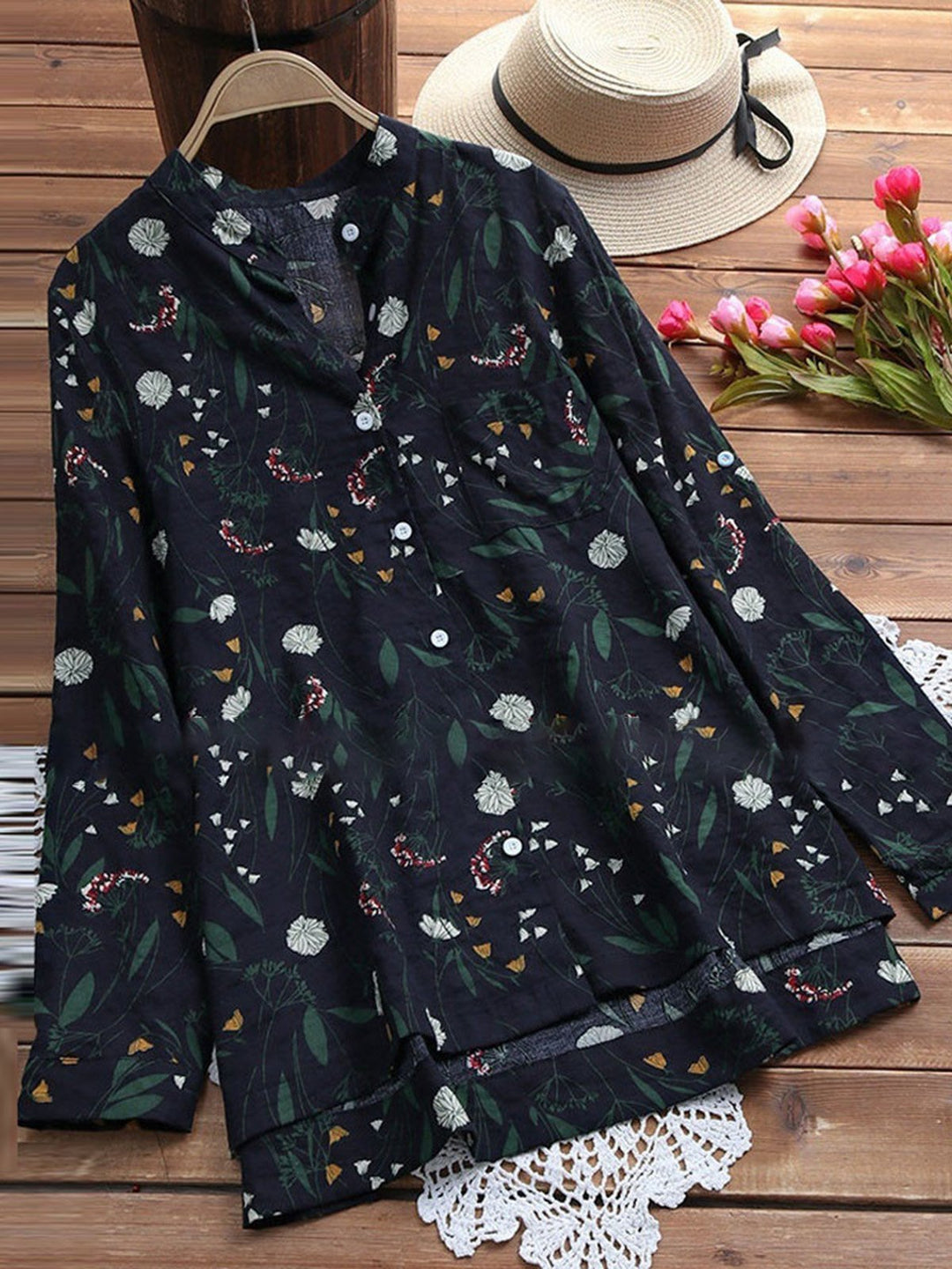 Comfysol Elegant Floral Print Stand Collar Blouse