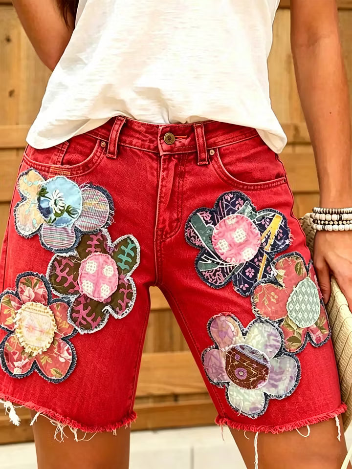 Women Ethnic Floral Print Denim Shorts