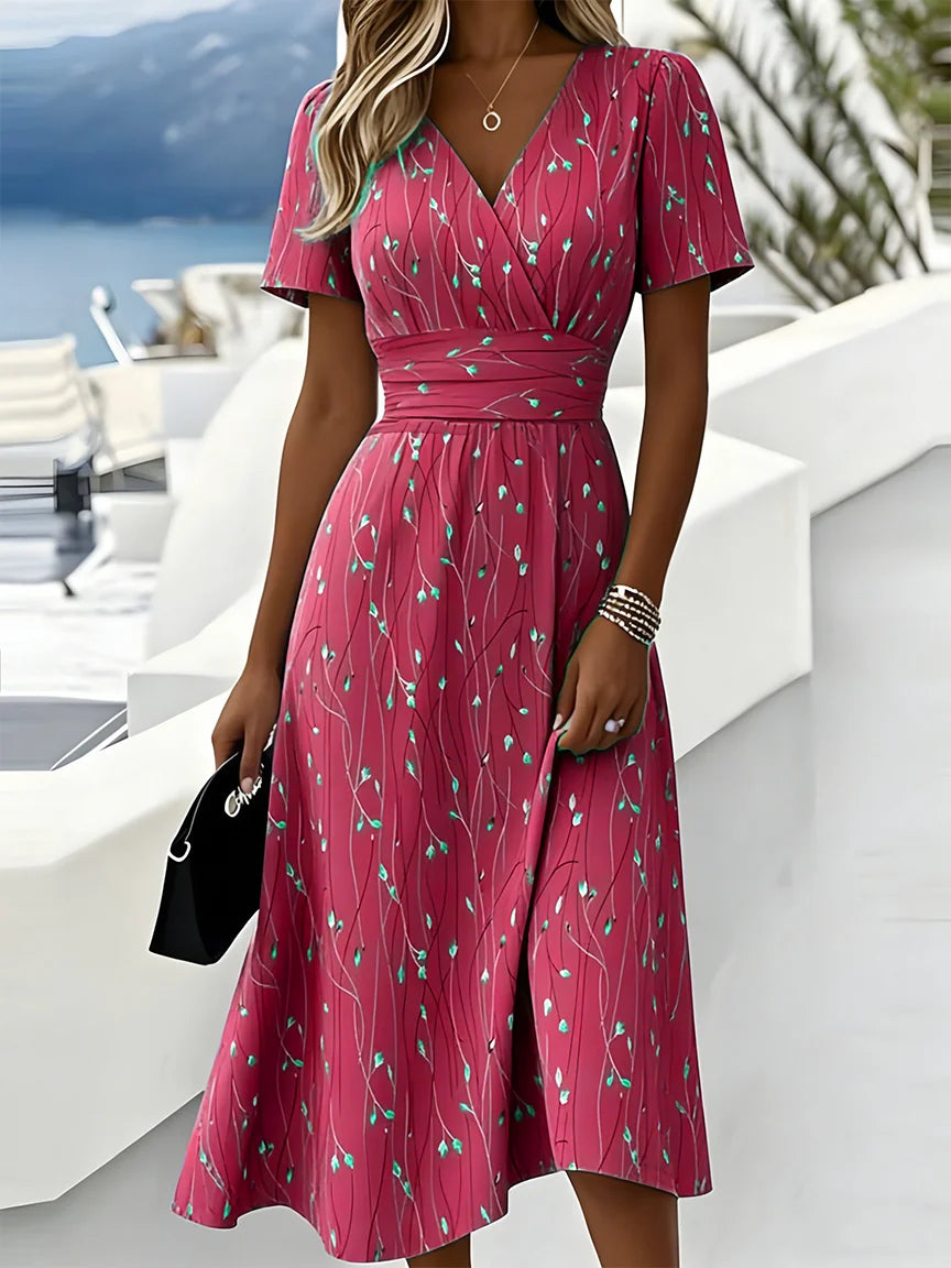 Elegant Leaf Print Short Sleeve Beach Dress