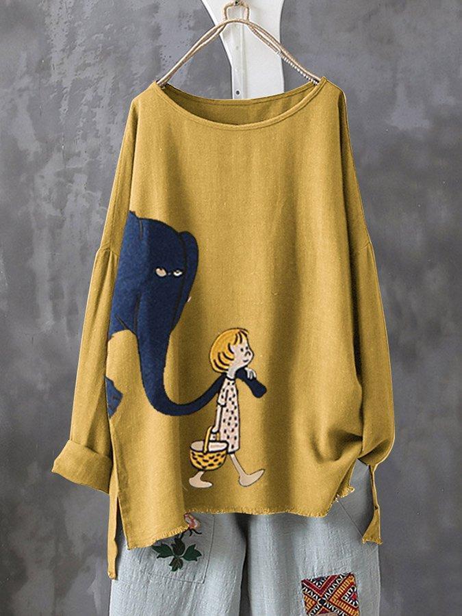 Comfysol Print Cartoon Elephant Irregular Plus Size T-shirt