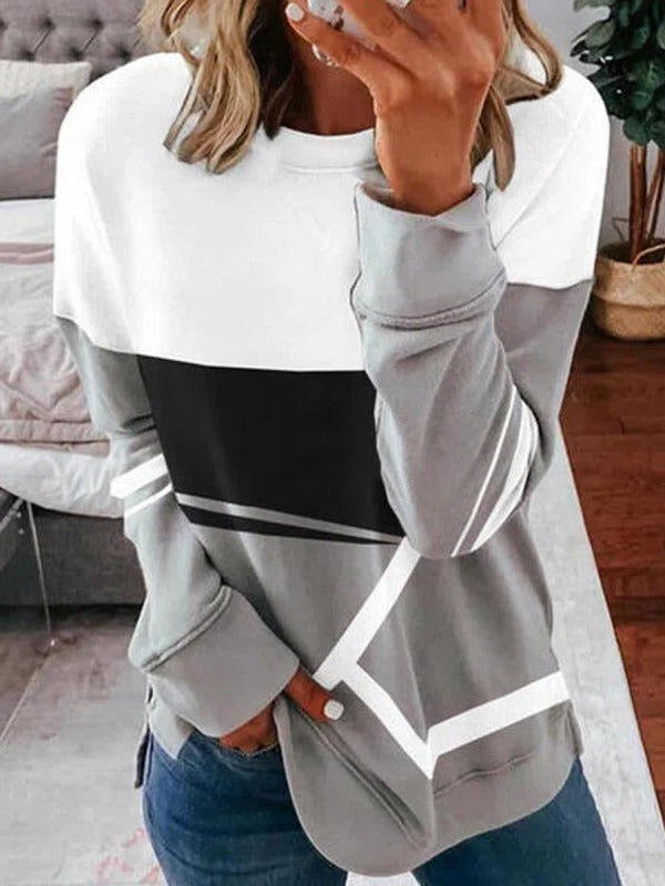 Comfysol Gray Casual Tops Round Neck Long Sleeve Patchwork Printed Sweatshirts