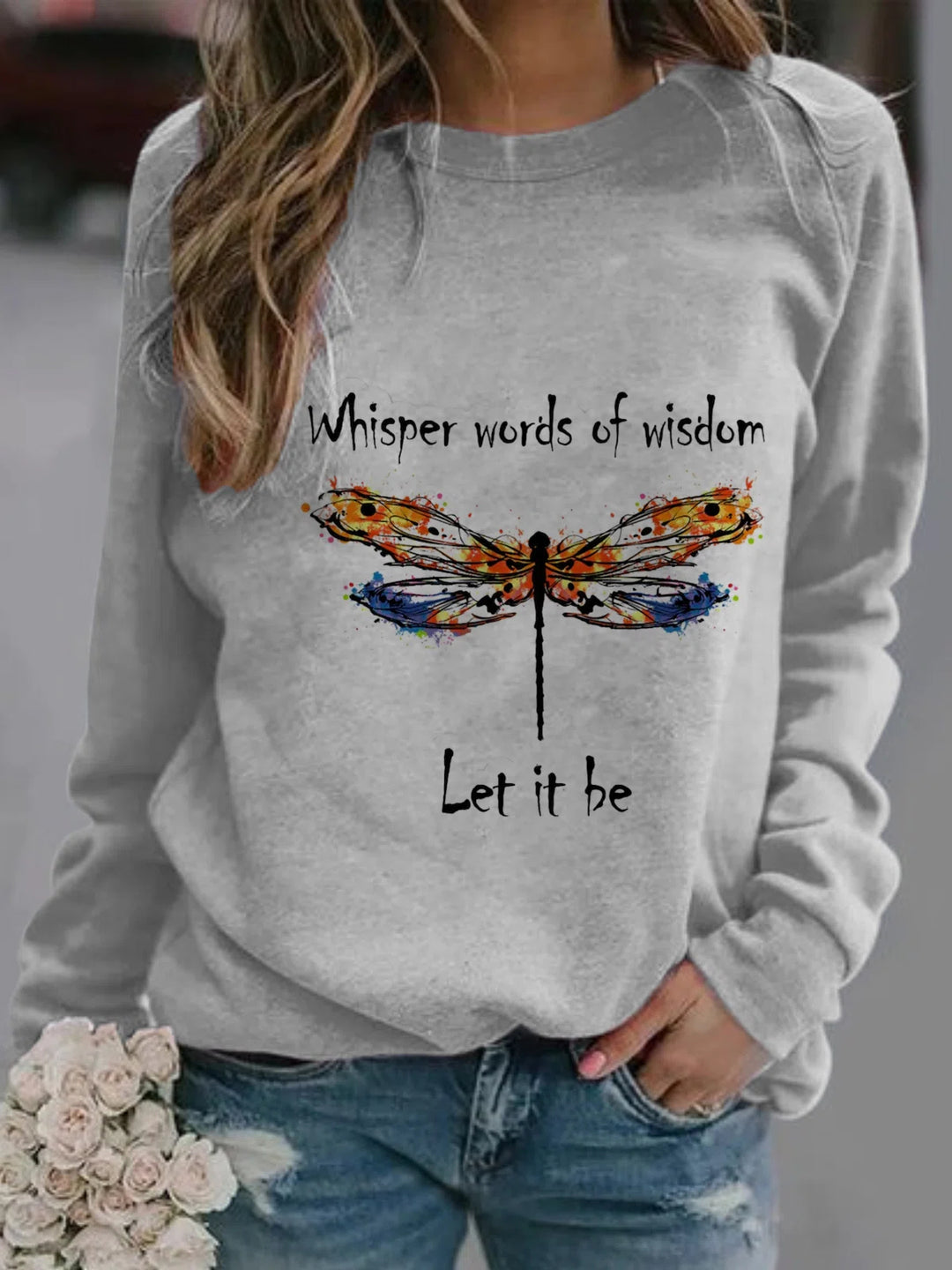 Comfysol Gray Casual Round Neck Dragonfly Printed Long Sleeve Sweatshirts
