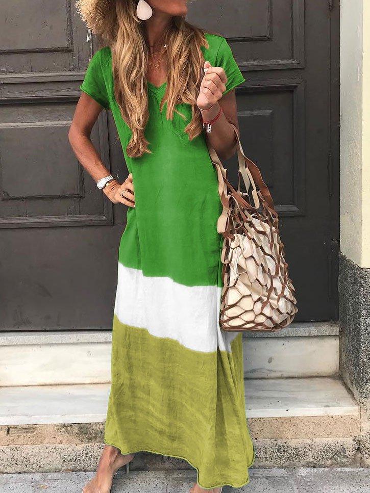 Comfysol V-neck Stripe Patchwork Casual Short Sleeve Maxi Dresses