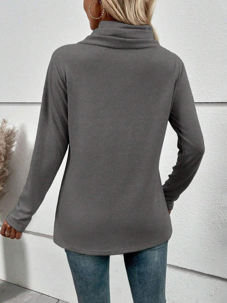 Grey Plain Round Neck Long Sleeve Top