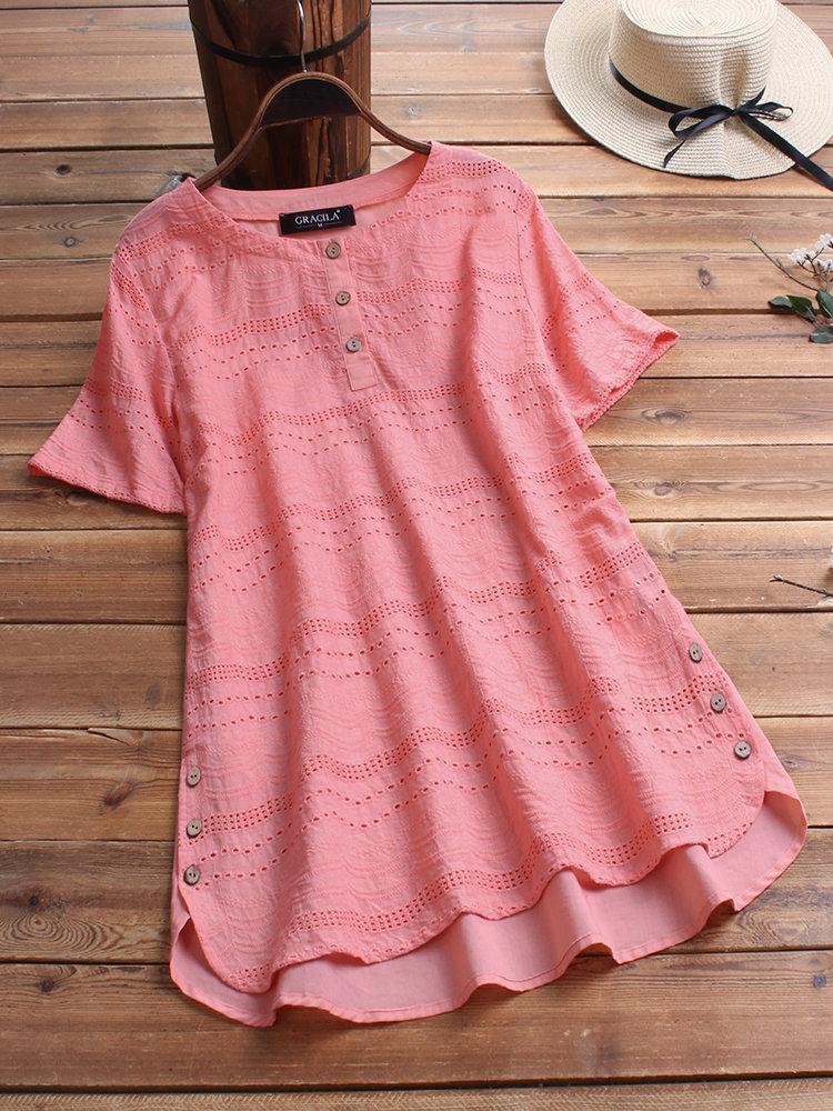Comfysol Bohemian Embroideried Short Sleeve Button Casual Blouse