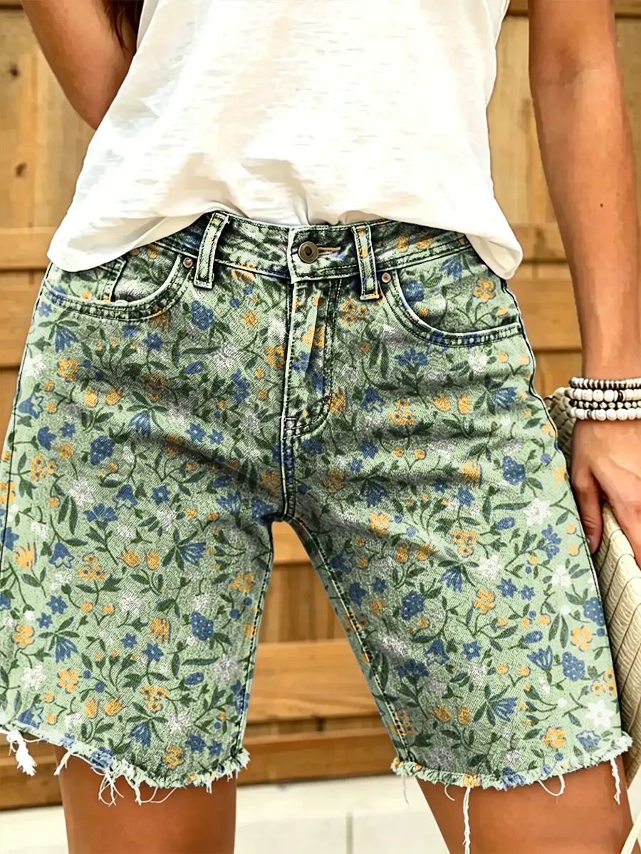 Ethnicity Bohemian Flowers Women's Art Print Casual Denim Shorts