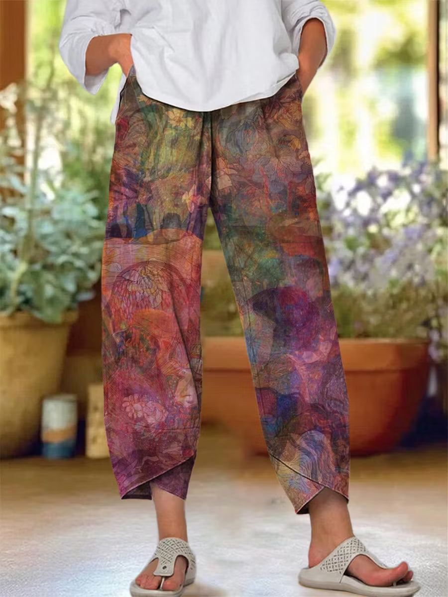 Women's Retro Abstract Art Print Cotton Linen Casual Pants