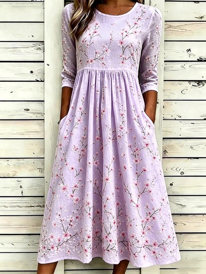 Floral Print Crew Neck A-Line Midi Dress with Pockets
