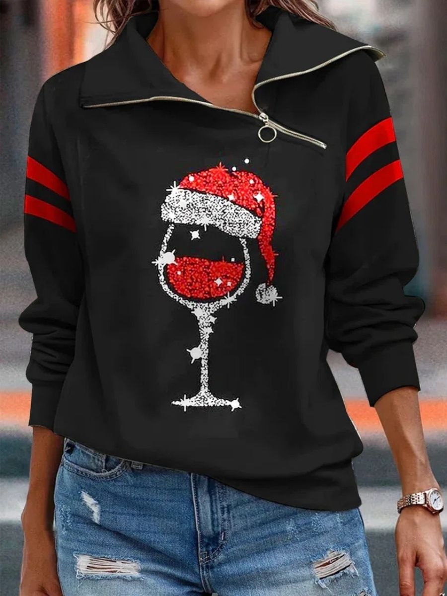 Comfysol Black Casual Graphic Tops V Neck Printed Long Sleeve Xmas Sweatshirts