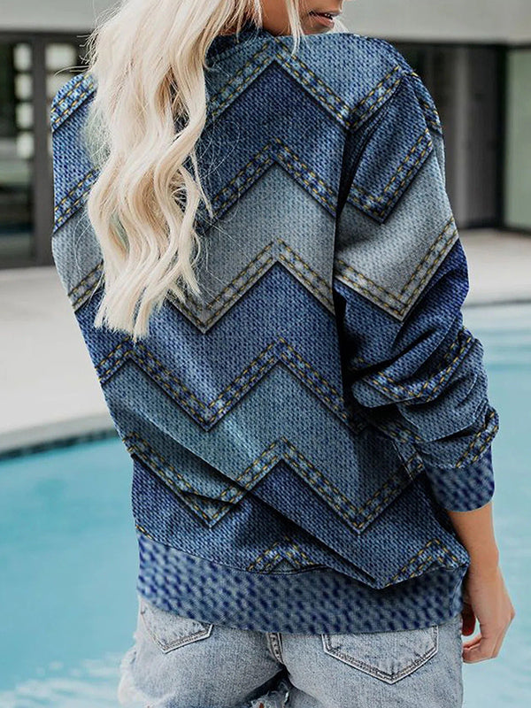 Comfysol Blue Casual Round Neck Long Sleeve Geometric Printed Sweatshirts