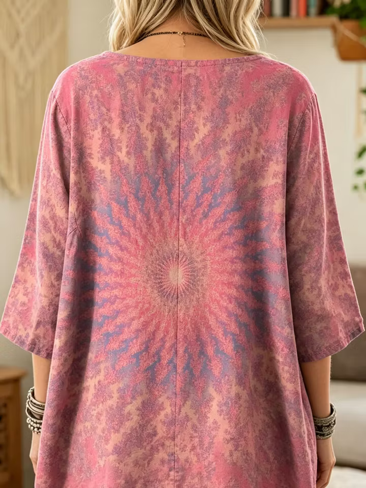 Ethnicity Kaleidoscope Women's Art Print Casual 3/4 Sleeve Cotton Top