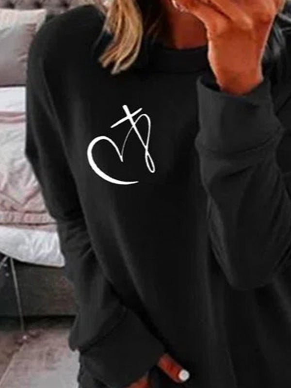 Comfysol Black Casual Graphic Tops Round Neck Long Sleeve Heart Printed Sweatshirts