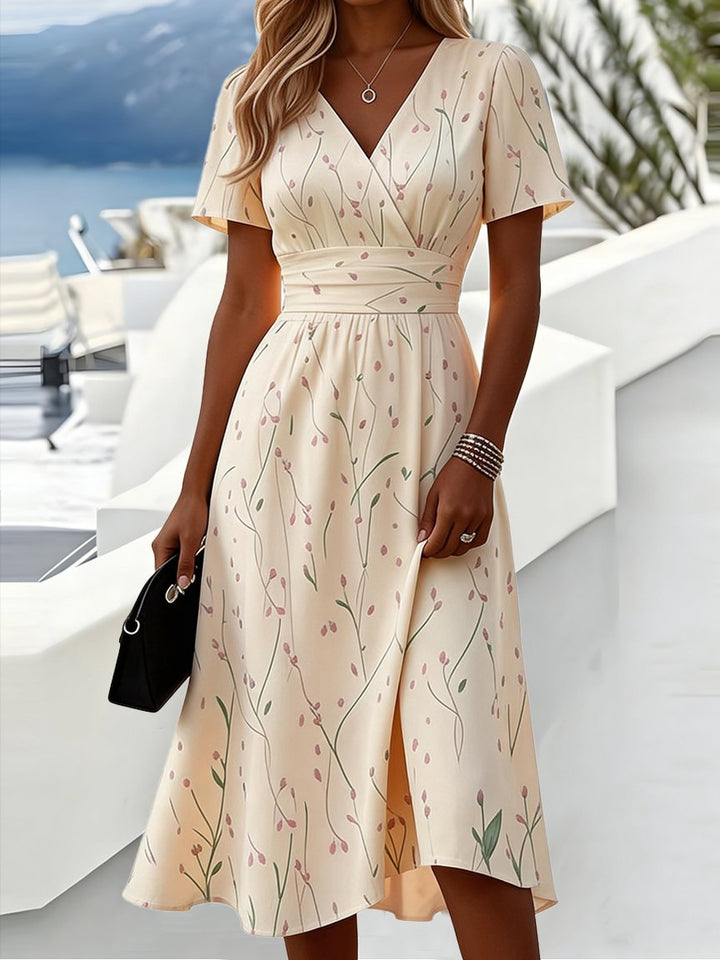 Elegant Leaf Print Short Sleeve Beach Dress