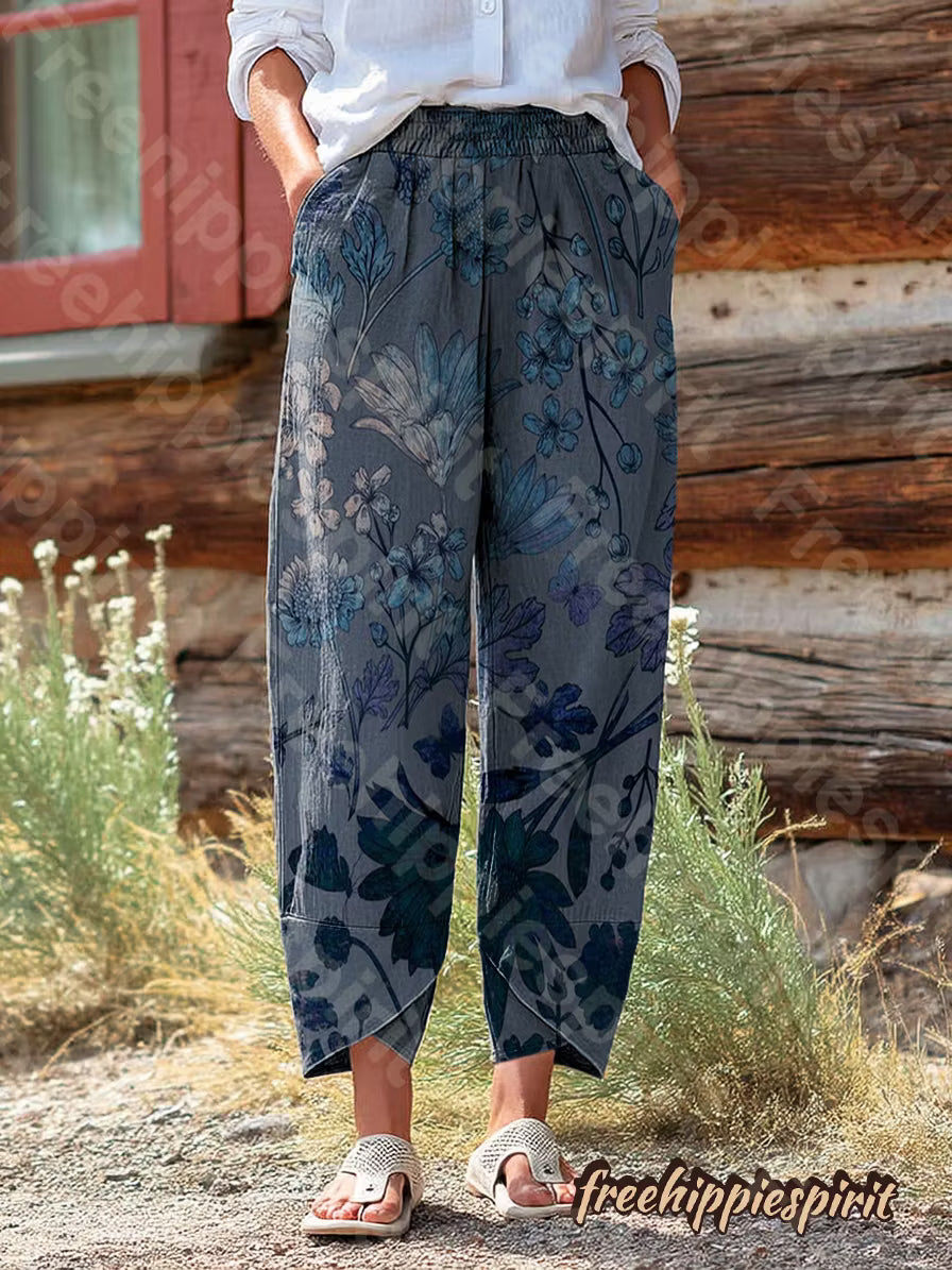 Women's Retro Floral Art Print Cotton Linen Casual Pants