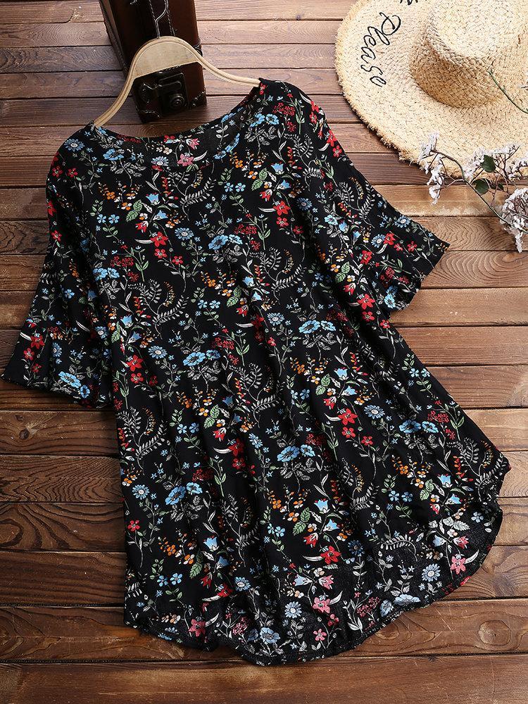 Comfysol Vintage Print Floral Short Sleeve Crew Neck Blouse