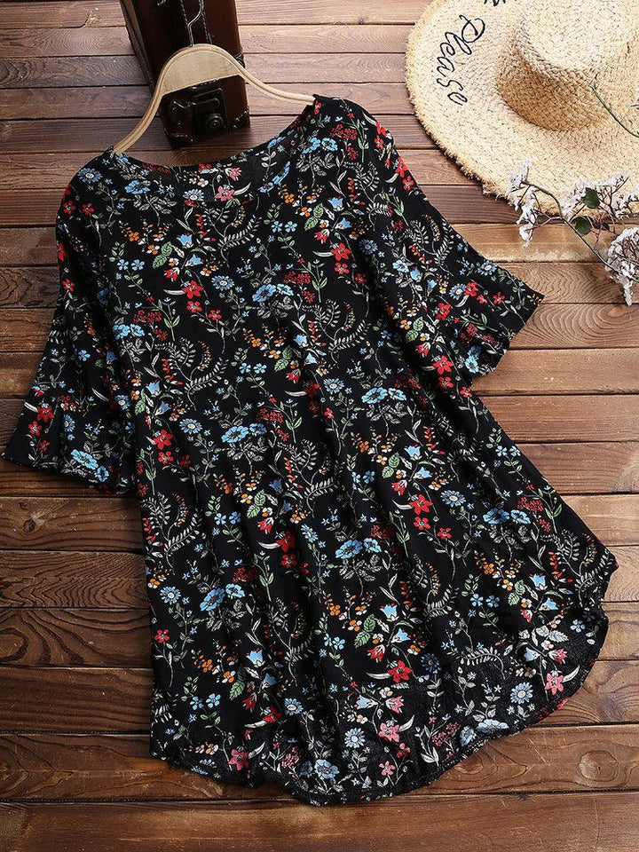 Comfysol Vintage Print Floral Short Sleeve Crew Neck Blouse