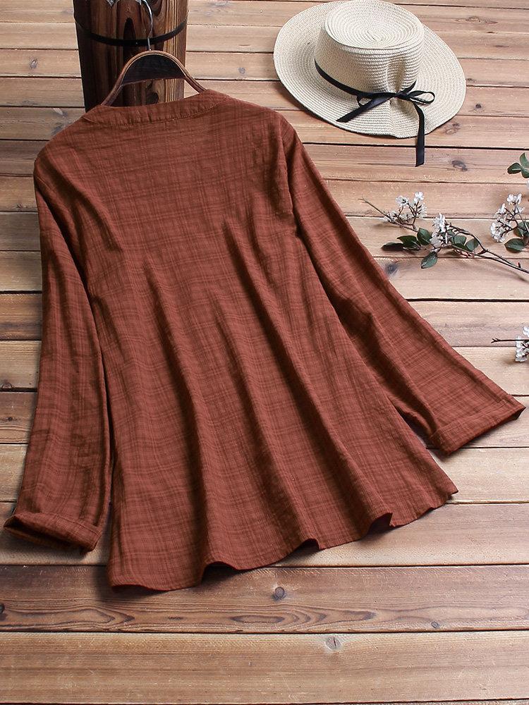 Comfysol Vintage Plaid Side Button V-neck Long Sleeve Blouse