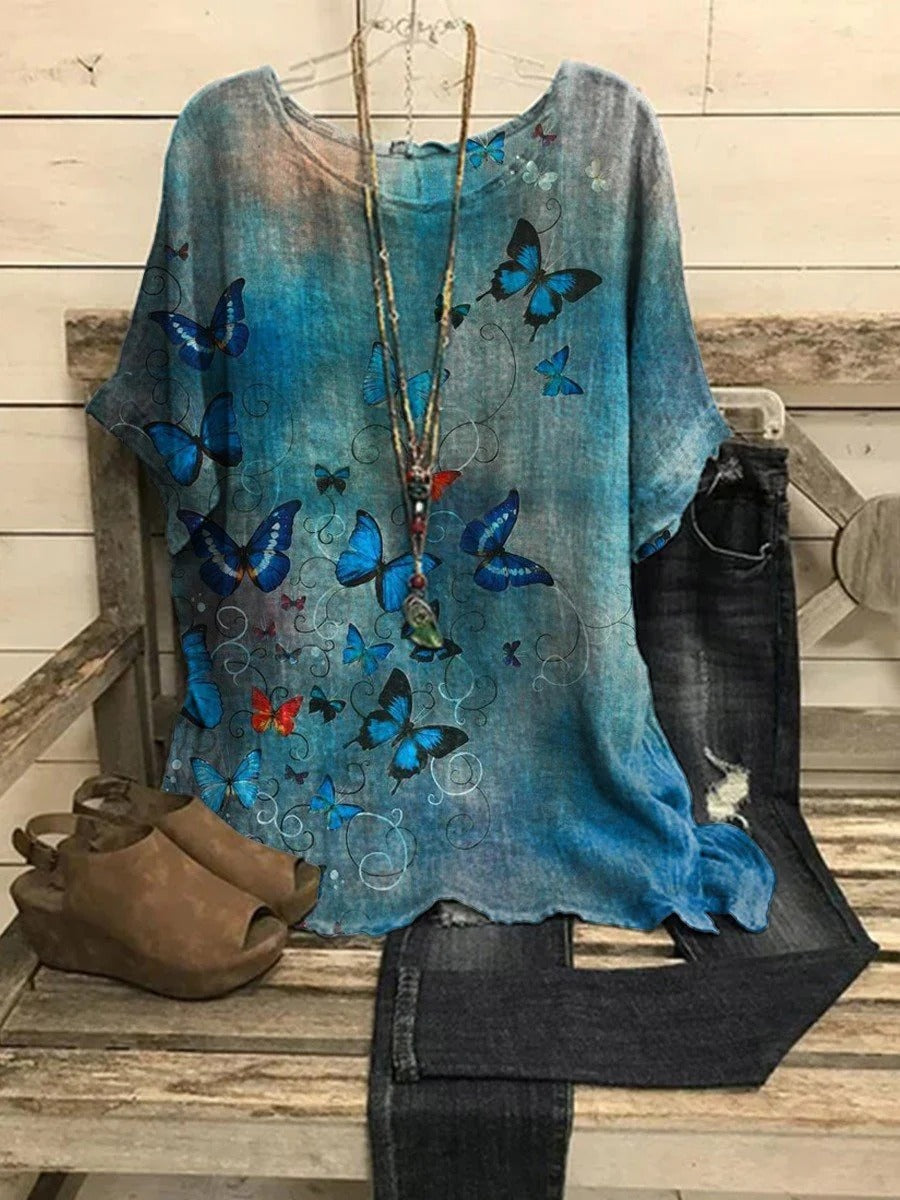 Comfysol Colorful Casual Graphic Tops Round Neck Butterfly Printed Short Sleeve Blouse