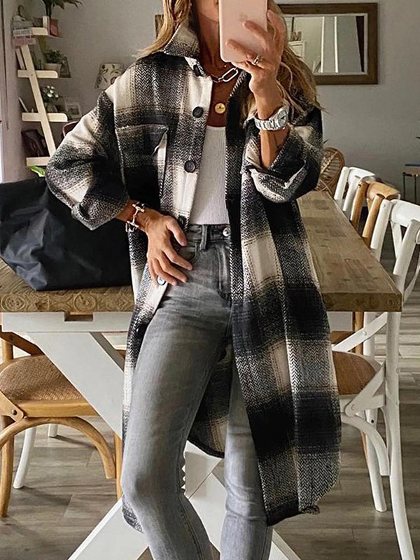 Comfysol Black Casual Lapel Long Sleeve Plaid Printed Coats