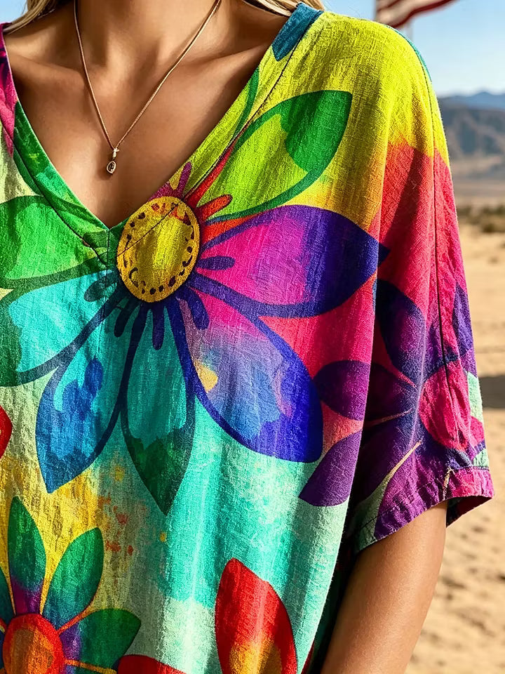Women's Tie-Dye Floral Watercolor Print Cotton V-Neck Loose Top