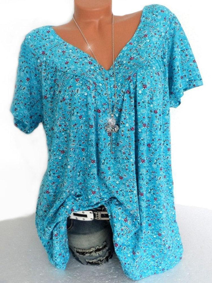 Comfysol Print Floral Short Sleeve V-neck Blouse