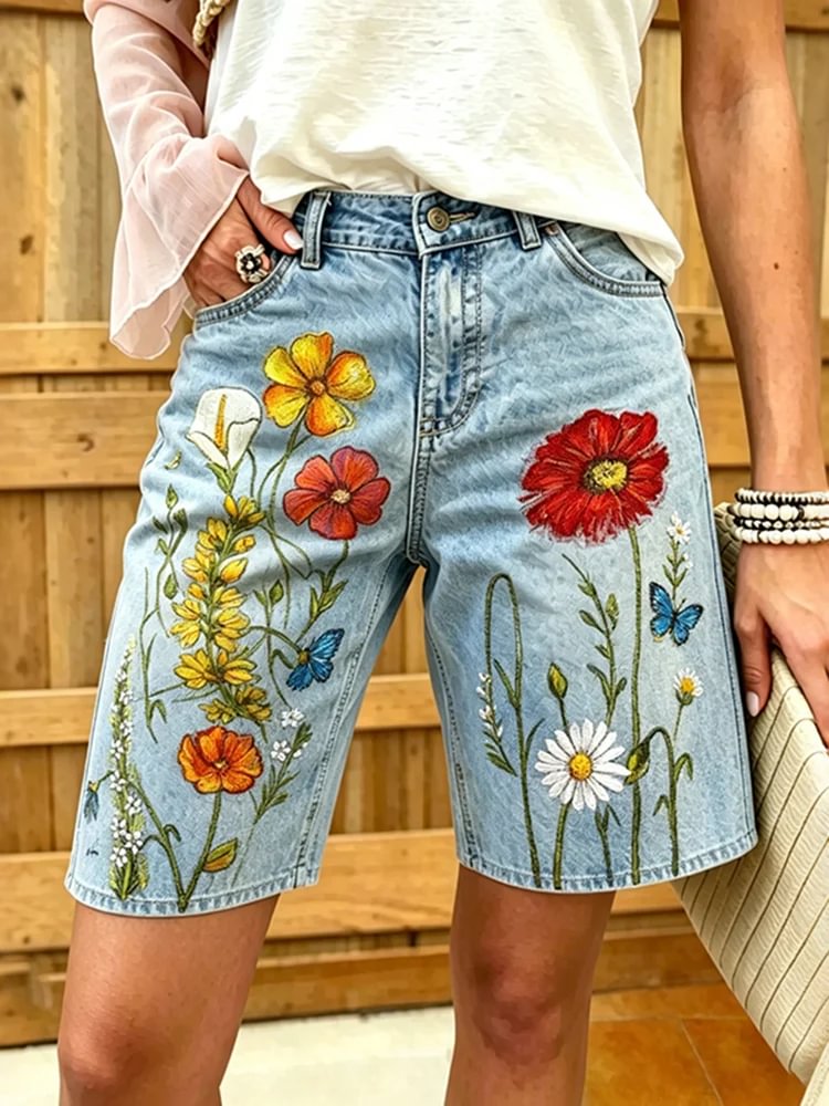 Women's Daisy Floral Print Cotton Denim Bermuda Shorts