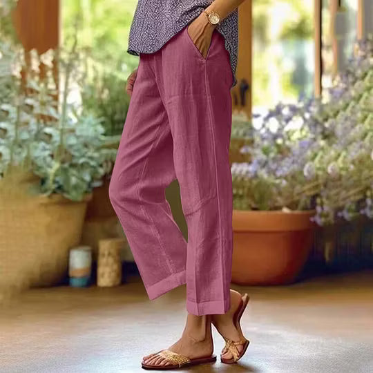 Solid Linen Blend Straight Leg High Waist Casual Pants
