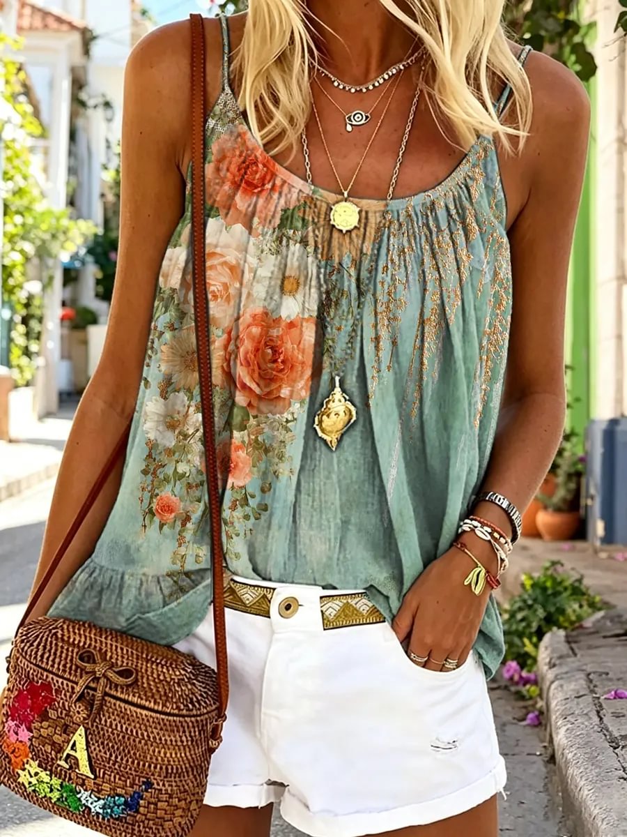 Women's Vintage Rose Floral Print Spaghetti Strap Camisole Top
