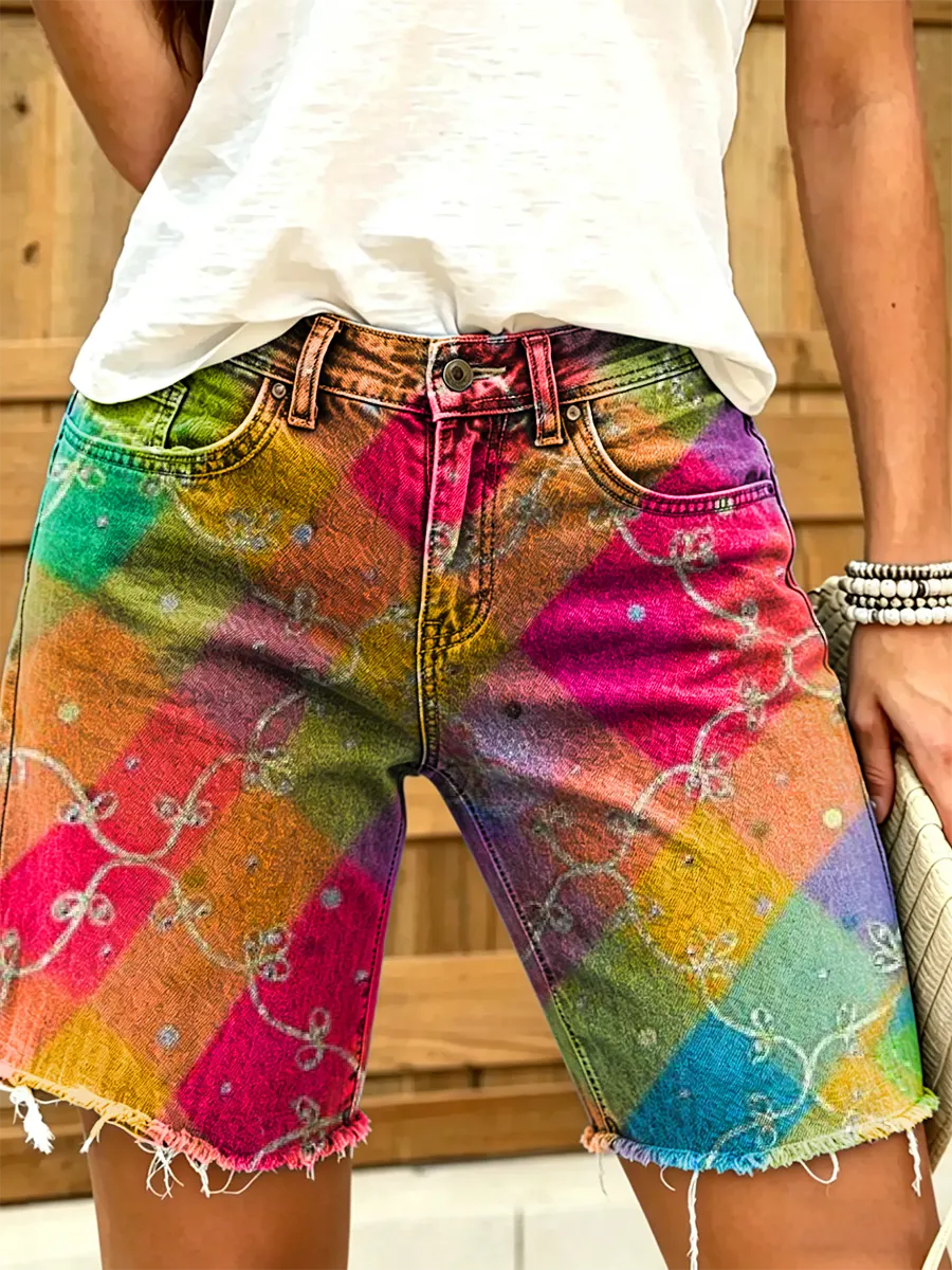 Women's Colorful Patchwork Art Print Denim Shorts