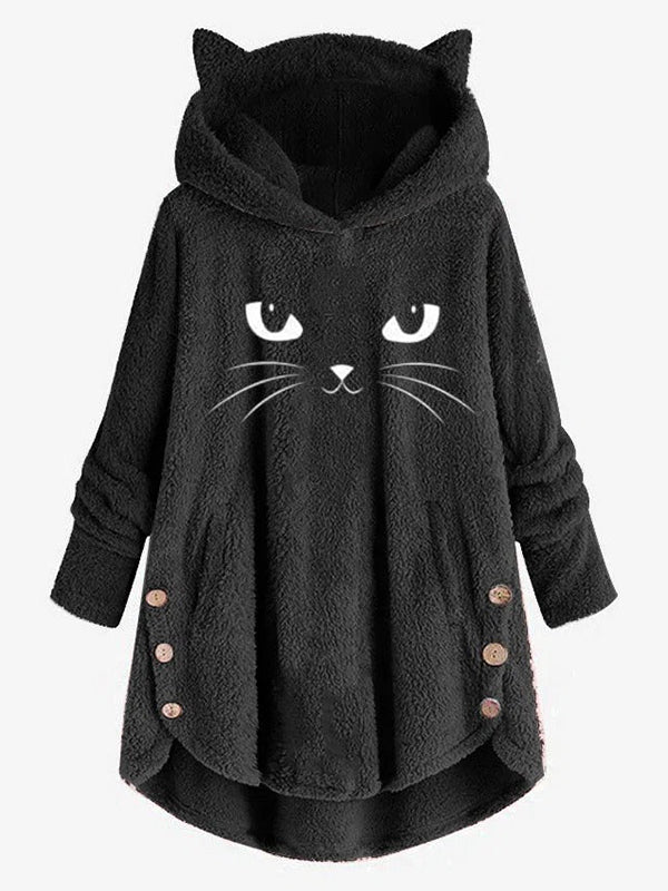 Comfysol Black Casual Graphic Tops Hooded Long Sleeve Cat Printed Coats
