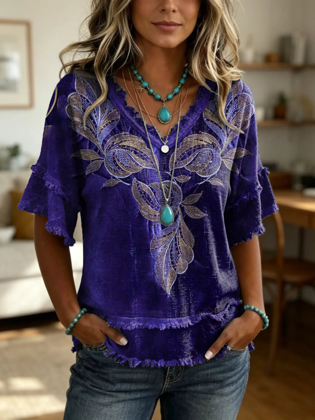 Women's Vintage Ethnic Print V-Neck Frayed-Edge Short-Sleeve Top