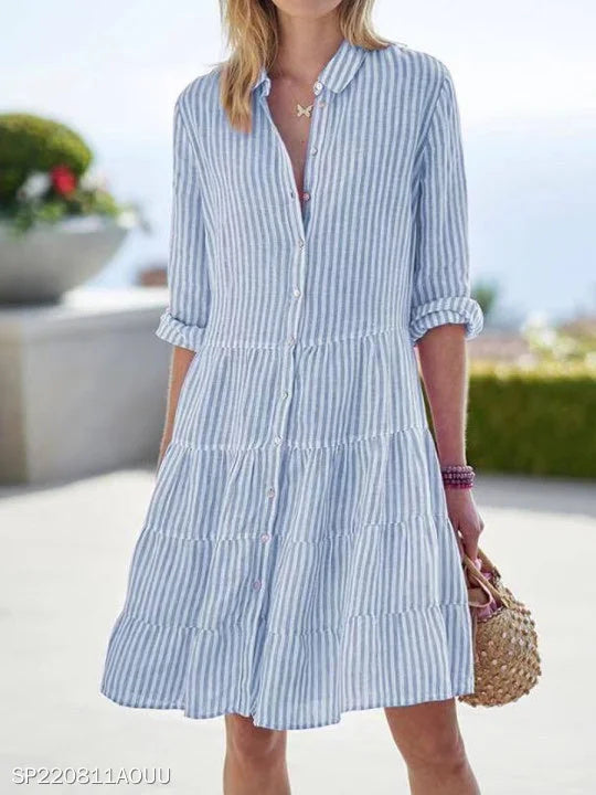 Women Striped Long Sleeve Shawl Collar Printing Dress Daily Vintage Midi Shirt Dress A-Line Spring/Fall Dress