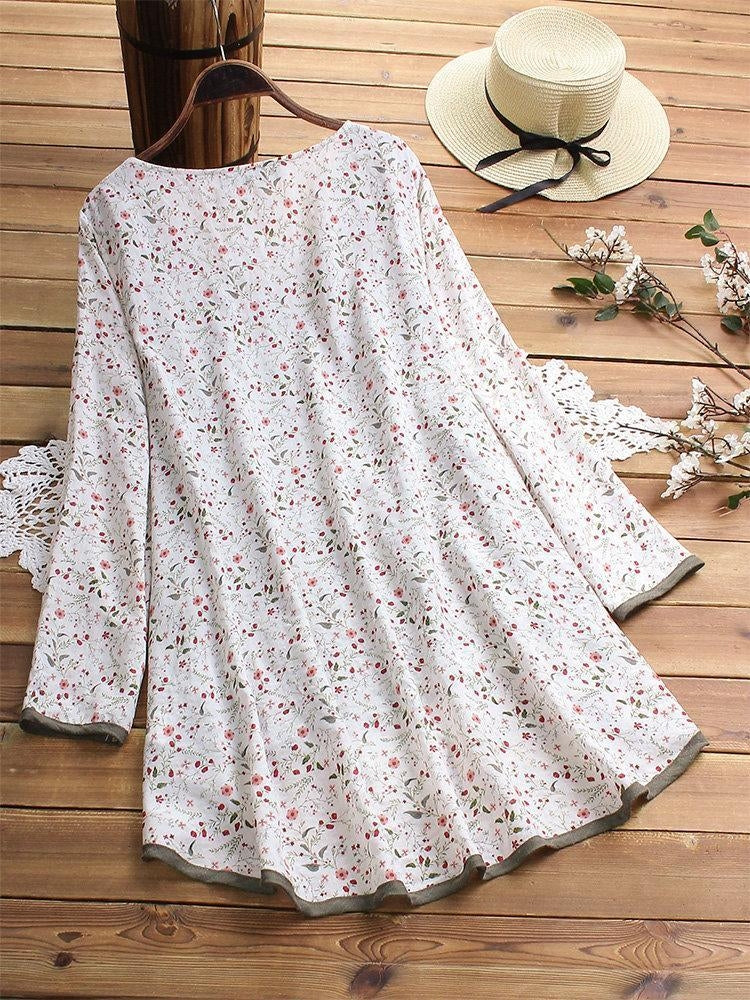 Comfysol Women's Floral Print Patchwork Long Sleeve Irregular Hem Blouse