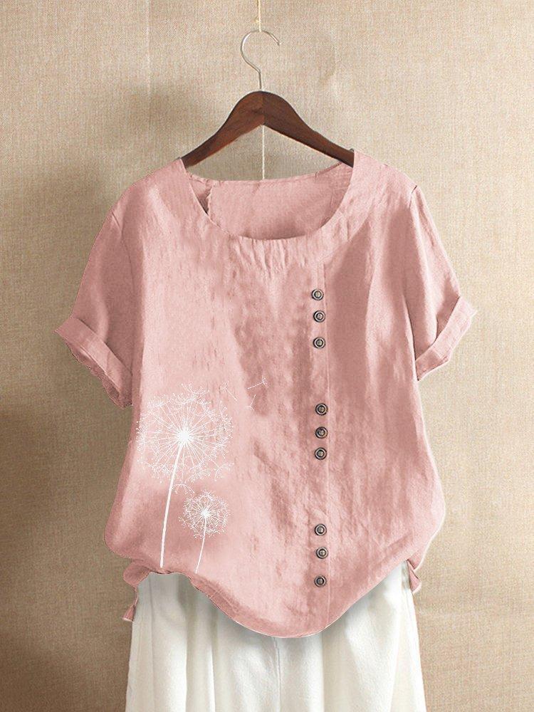 Comfysol Vintage Print Flower Short Sleeve Button Blouse